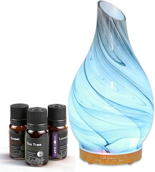 Glass Essential Oil Diffuser with 3 Aromatherapy Oils,200ml Small Humidifier with Timer,7 LED Color Lights,Waterless Auto Shut-Off for Office Home Room Decor Gifts for Women