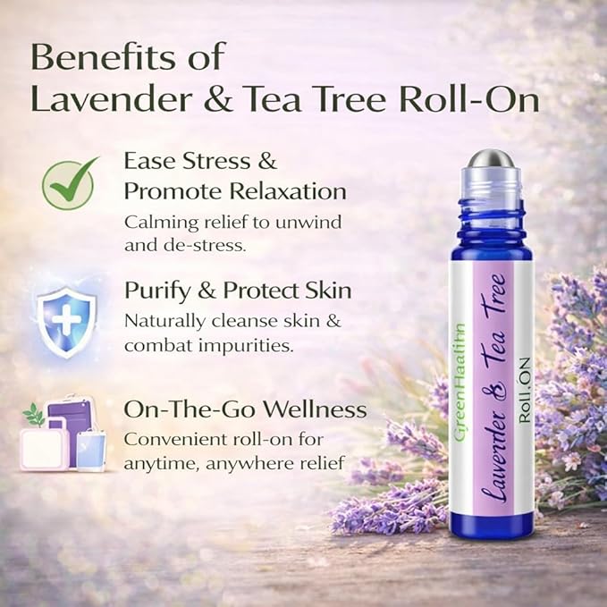 GreenHealth Lavender & Tea Tree Essential Oil Roll On 10 ml – Pre-Diluted Aromatherapy Roller, Ready to Use, Portable Roll-On, Relaxing Lavender & Refreshing Tea Tree Blend for On-the-Go Use