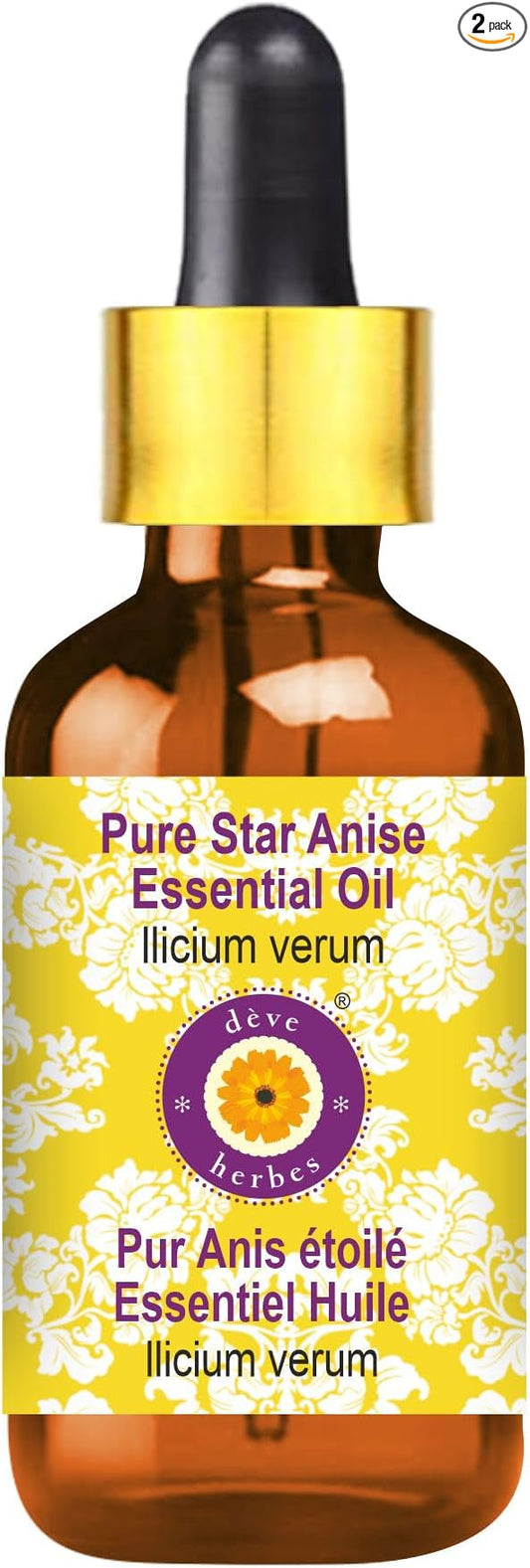 Deve Herbes Pure Star Anise Essential Oil (lllicium verum) with Glass Dropper Steam Distilled (Pack of Two) 100ml X 2 (6.76 oz)