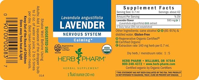 Herb Pharm Certified Organic Lavender Flower Liquid Extract for Calming Nervous System Support, 1 Fl Oz - Packaging May Vary