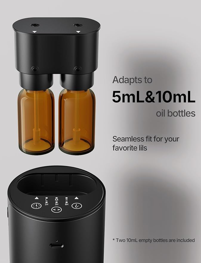 Waterless Essential Oil Diffuser, Portable Dual Nozzle Aromatherapy Diffuser, Rechargeable Mini Scent Machine, 1/3/6H Auto-Off Timer, 3 Mist Levels & No-Leak Tech for Home, Car, Office, Premium Metal