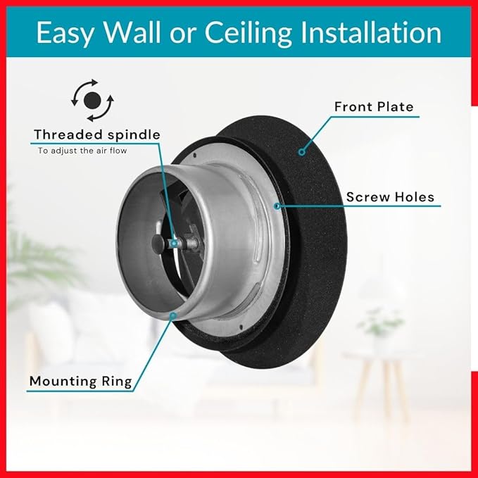 4 inch Black/Anthracite Metal Diffuser - Adjustable Vent for Wall - Ceiling Duct Cover with Front Plate - Universal Valve for Exhaust an Supply Air - Round Ventilation Covers