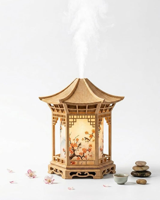 Zen Pavilion Lantern Aroma Diffuser & Night Light for Desk with 2 Mist Modes & LED Warm/White Light, 160ml Zen Office Decor USB Personal Humidifier for Yoga, Meditation, Spa & Sleep (Light)