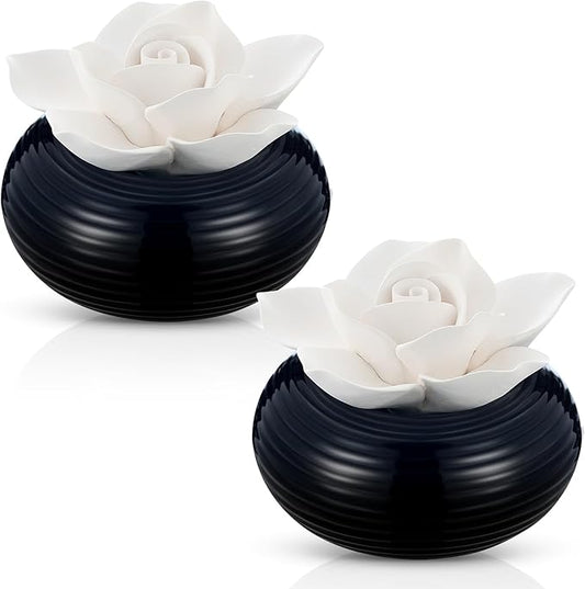 Honeydak 2 Pcs Reedless Ceramic Diffuser Set, Porcelain White Flower Aromatherapy Essential Oil Diffuser for Home Office Bathroom Tabletop Decor, Non-Electric, Valentines Day Gift (Camellia)