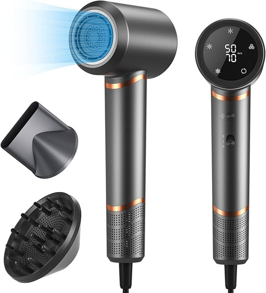 Hair Dryer Negative Ionic Blow Dryer for Fast Drying,Low Noise,Thermo Control Hair Dryer 2 Speed and 3 Heat Settings,Cold Air Button with 1 Diffuser 110000 RPM High Speed Brushless Motor Grey