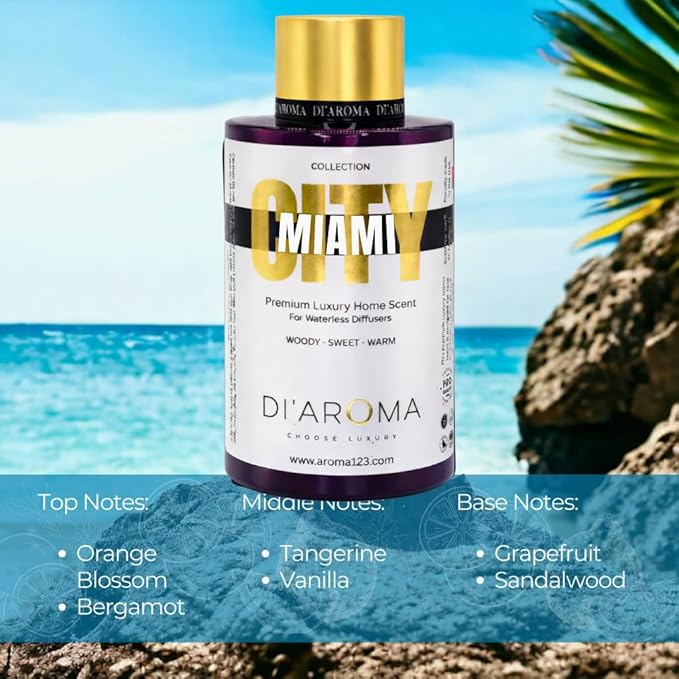 Di'Aroma Miami Aroma Oil Blend 120ml – Premium Diffuser Oil for Home, Waterless & Essential Oil Diffusers, Long Lasting Home Fragrance, City Collection, Made in USA (120ml, Miami)