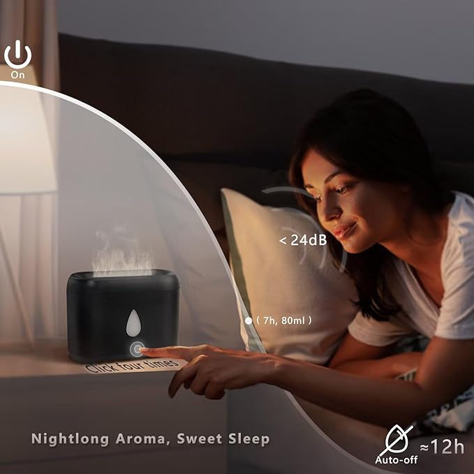 Flame Diffuser for Essential Oils, 200ml Ultrasonic Aroma Diffusers with Cool Mist, Aromatherapy Diffuser with Auto-Off Protection, Small Humidifier for Home,Office,Bedroom,Gift (7 Colors Black)