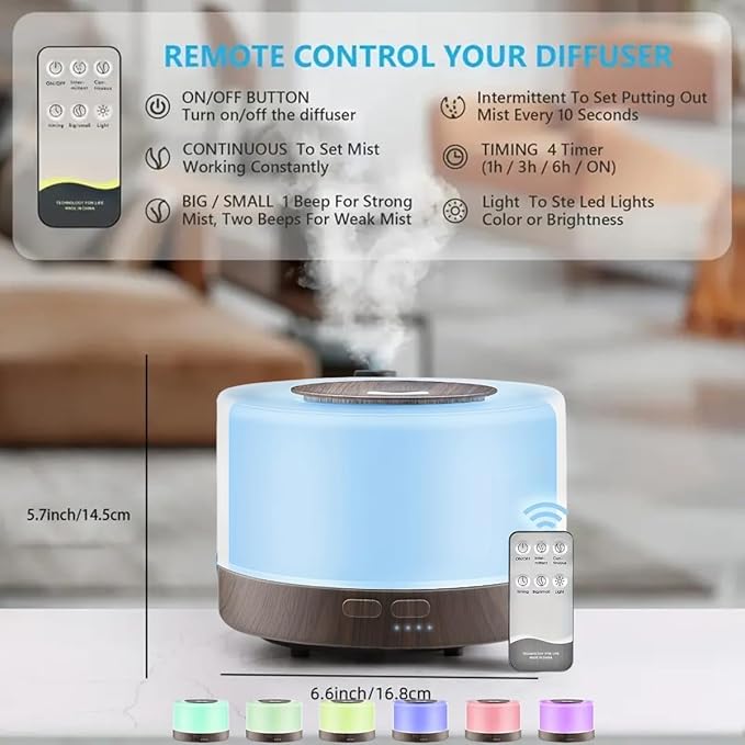 Remote Control Essential Oil Diffuser with LED Lights, Wood Grain Base, 500ml Aromatherapy Humidifier, 5.7x6.6 Inch, Timer Settings