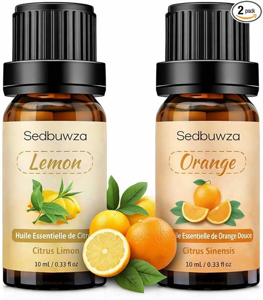 Sedbuwza Lemon Orange Essential Oil Set, Lemon Fragrance Oil Orange Scent Oil Set for Diffuser, Aromatherapy, Massage, Soap, Candle Making 2 x 10 ml