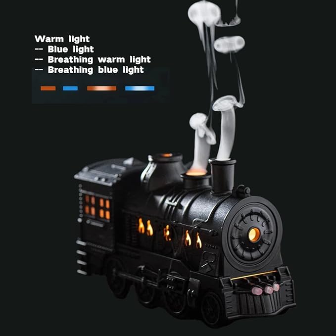 300ML Vintage Train Diffuser & Cool Mist Humidifier with Steam Effect, Remote Control, Dual Modes & Warm Blue LED Light (Black, With remote control)