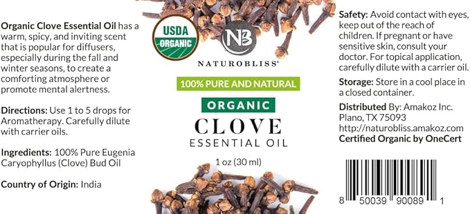 NaturoBliss Organic Clove Essential Oil 1 oz – 100% Pure, Natural, Undiluted for Toothache, Sore Muscles, Skin & Hair Care - Soothing Clove Bud Oil for Aromatherapy, Warm Spicy Aroma