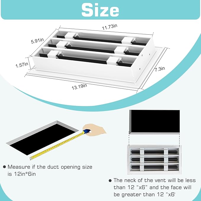 12x6 Modern AC Vent Cover (Duct Opening Cutout), Decorative White Air Vent, All Aluminium Standard Linear Slot Diffuser, Low Noise - Register Grille for Ceiling, Walls & Floors