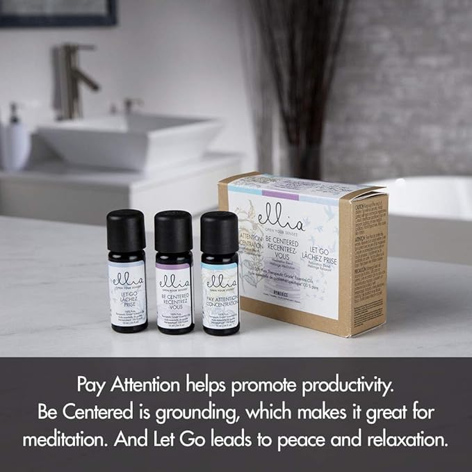 Ellia Essential Oil Set, Calm and Concentration, Including Signature Blends of Pay Attention, Be Centered, and Let Go. 3 Pack Essential Oil Kit, 10ml Each, by Homedics