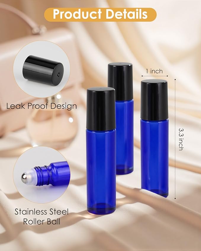 Worldgsb 25 Pack Essential Oil Roller Bottles, 10ml Refillable Glass Roller Bottles with Stainless Steel Roller Balls and Caps for Travel, Perfume and Lip Gloss Blue