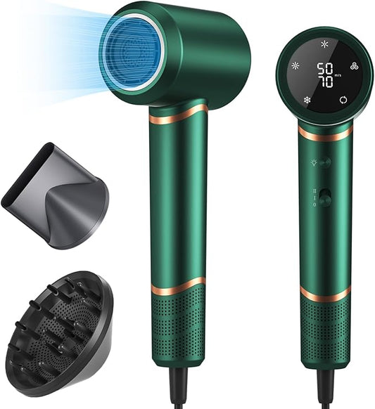 Hair Dryer Negative Ionic Blow Dryer for Fast Drying,Low Noise,Thermo Control Hair Dryer 2 Speed and 3 Heat Settings,Cold Air Button with 1 Diffuser 110000 RPM High Speed Brushless Motor (Green)