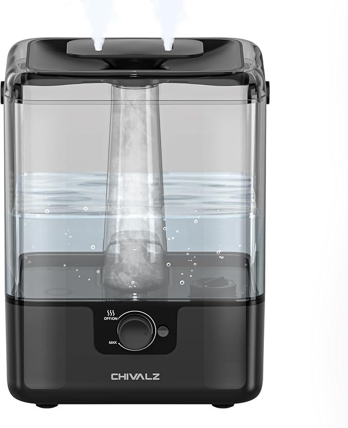 CHIVALZ 6L Humidifiers for Bedroom Large Room Home, Cool Mist Top Fill Humidifiers for Baby Nursery and Plants, 26dB Quiet, Nightlight, Up to 50 Hours, Oil Diffuser 1 Pack + 2 Mist Outlets Black