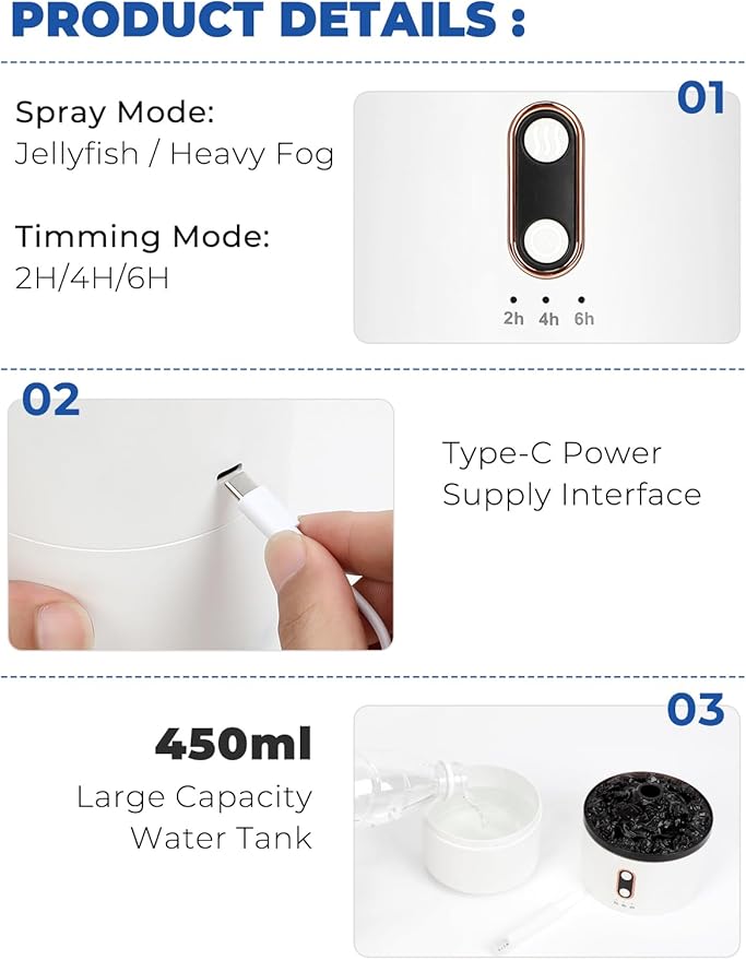Volcano Humidifier Flame Aroma Diffuser, Personal Desktop Jellyfish Mist Flame Spray Humidifier for Bedroom Plants Office, Auto Shut-Off, 450ml, USB Power