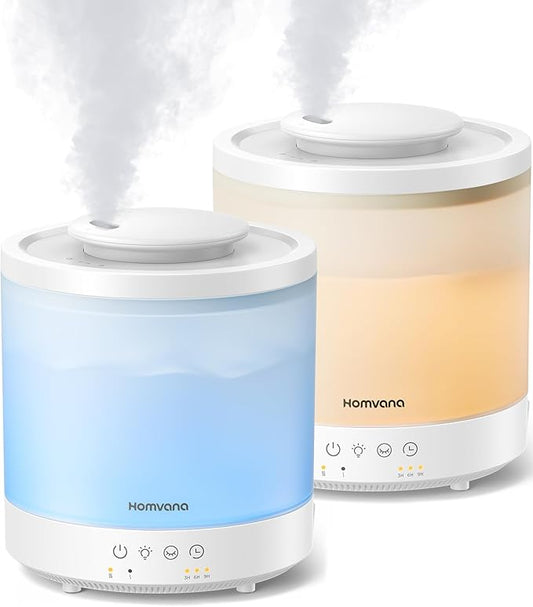 Homvana Small Humidifiers for Bedroom - 2 Packs 1.5L Cool Mist Top Fill Humidifier for Baby Nursery, Essential Oil Diffuser, 3 in 1 for Home Plants Offices and Grow Tents, 7 Color Lights, Ultrasonic