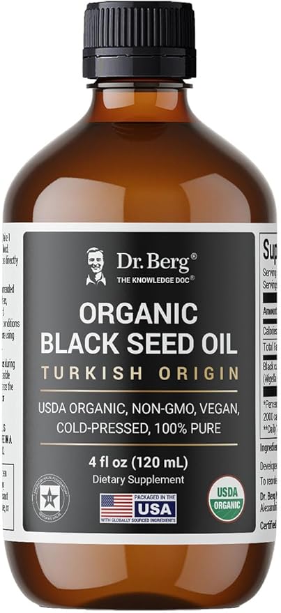 Dr. Berg Black Seed Oil Organic Cold Pressed – Pure Nigella Sativa Black Cumin Oil – USDA Organic, Halal, Vegan – for Hair, Skin, Immune Support – Unrefined Liquid – 4 oz Glass Bottle