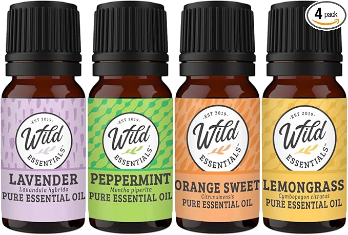 Wild Essentials 4-Piece 100% Pure Therapeutic Grade Essential Oil Sampler Set - Aromatherapy Gift Set - Includes Lavender, Peppermint, Lemongrass and Orange- 5ml Bottles