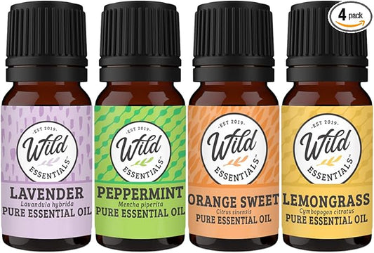 Wild Essentials 4-Piece 100% Pure Therapeutic Grade Essential Oil Sampler Set - Aromatherapy Gift Set - Includes Lavender, Peppermint, Lemongrass and Orange- 5ml Bottles