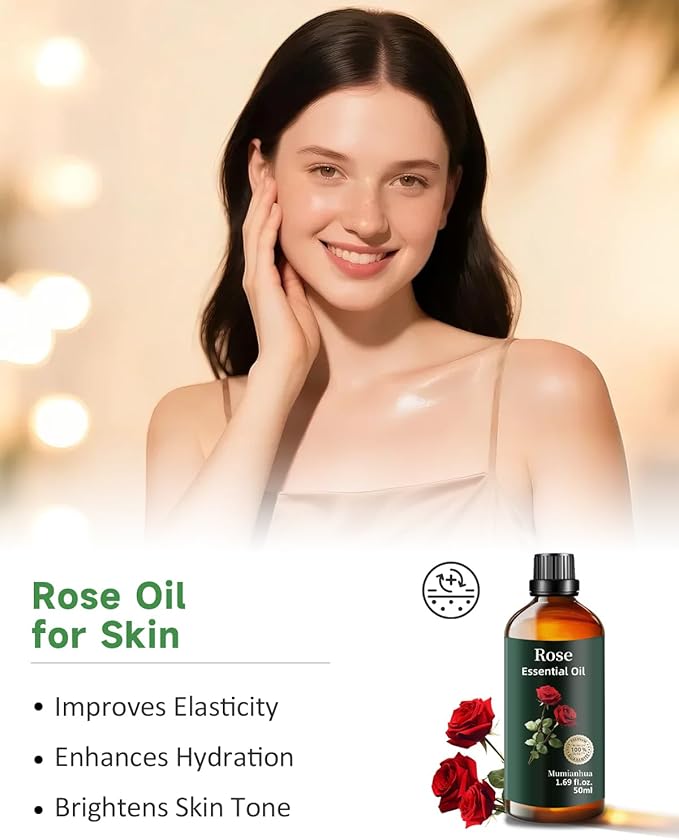 Rose Essential Oil, Pure Rose Oil Mumianhua Natural Floral Oil for Reed Diffuser, Air Freshener, Aromatherapy, Relaxation, Skin, Massage, Hair, Cologne, Candles Making, Evening Wellness 1.69 Fl Oz