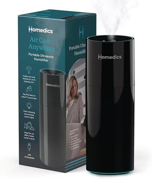 Homedics Portable Humidifier – Small Ultrasonic Cool Mist Humidifier for Bedroom, Desk & Travel, Mini Personal Humidifier, 7.7 oz Tank, Auto Shutoff, Night Light, Rechargeable (Gloss Black)