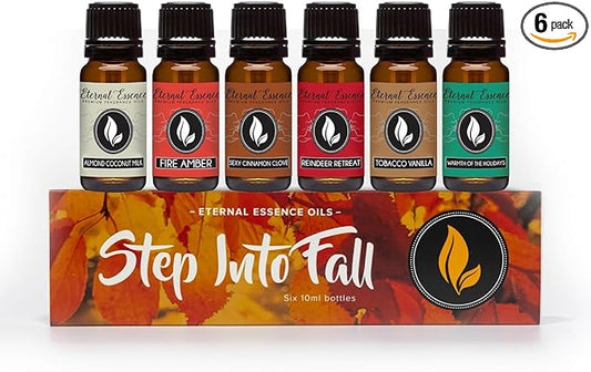 Eternal Essence Oils Step Into Fall Set of 6 Premium Fragrance Oils - Almond Coconut Milk, Fire Amber, Sexy Cinnamon Clove, Reindeer Retreat, Tabacco Vanilla, and Warmths of the Holidays - 10ML