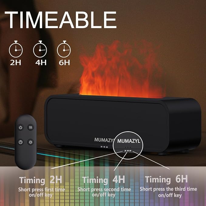 Essential Oil Diffuser, Flame Essential Oil Diffuser Humidifier, Music Sync Colorful Flame Diffuser, Timer & Waterless Auto Off 250ml Humidifier with 7 Colors Light for Home (Black)