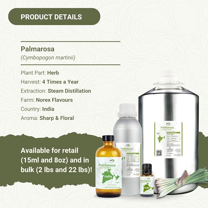 Palmarosa Essential Oil Direct from Norex Flavours India for Skin and Aromatherapy - Aceite de Palmarosa for Candle Scent for Candlemaking and Soaps (22lbs)