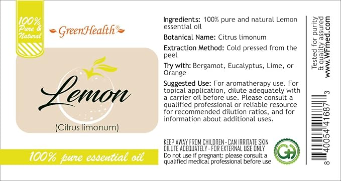 GreenHealth Lemon Essential Oil 8 fl oz (237 ml) – 100% Pure – Aluminum Bottle w/Plug Cap – Fresh Citrus Aroma for Diffusers, Candle & Soap Making, DIY Crafts (Pack of 2)
