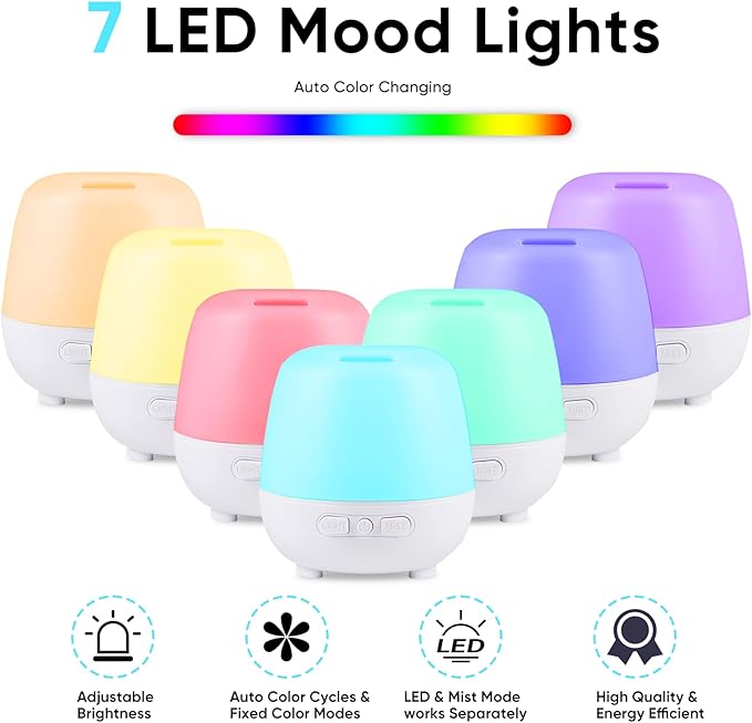 HAPPTWS 220ml Essential Oil Diffuser, Upgraded Diffusers for Essential Oils Aromatherapy Diffuser Cool Mist Humidifier with 7 Colors Lights 2 Mist Mode Waterless Auto Off for Home Office Room - White