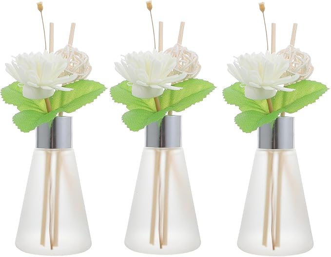 3pcs Glass Aroma Diffuser Bottle with Rattan Sticks and Dried Flowers, Ocean Scent Reed Diffuser Set for Bathroom and Office Home Fragrance