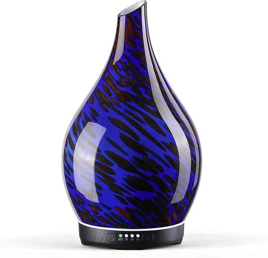 Porseme Essential Oil Diffuser Hand-Blown Glass Aroma Diffusor, Aromatherapy Unltrasonic Cool Mist deffuser, 7 Color Changing, Waterless Shut-Off, Timer Function for Home Office(280ml, Cobalt Blue)