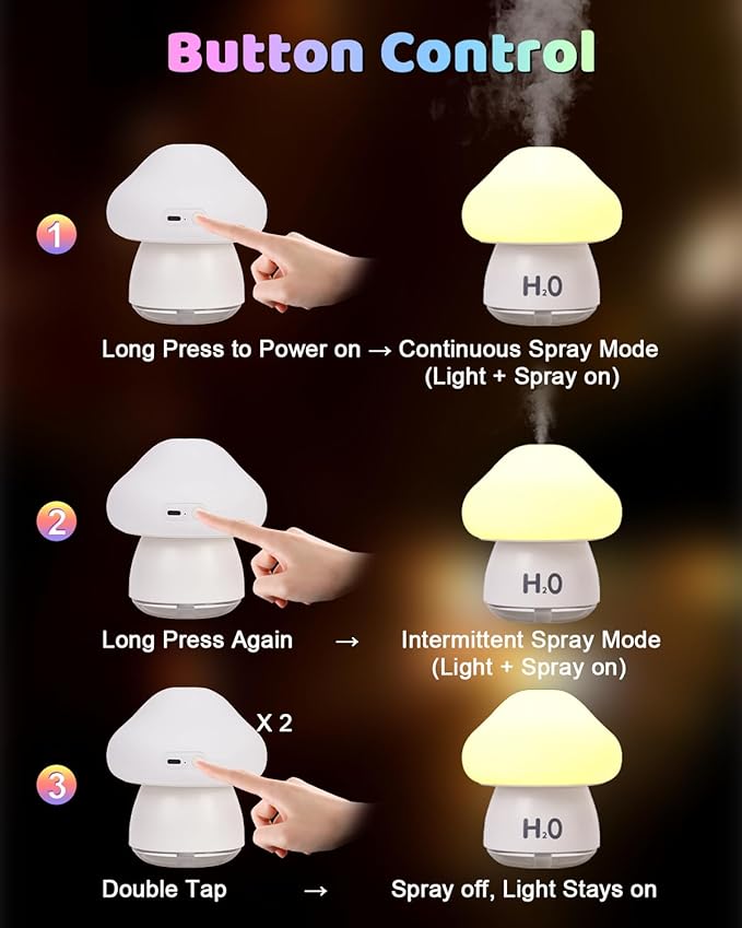 Mushroom Humidifier Lamp with 8 RGB Colors Lights,Cute Rechargeable Portable Humidifiers for Bedroom,Small Mushroom Diffuser with Two Spray Modes,Touch Night Light,Valentine's Day Gifts (White)