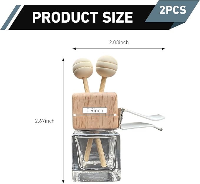 2 PCS Car Air Vent Diffuser Clips, Refillable Empty Glass with Wooden Cap, Straight Outlet Diffuser Ornament with Secure Back Clip, Universal Decorative Accessory for Cars (Transparent)