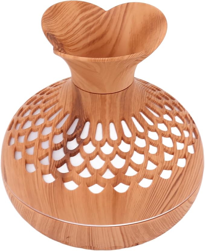 Humidifier , Flower Vase Shape Wood Grain 300ml Aromatherapy Diffuser USB Powered for Bedrooms (Amber)