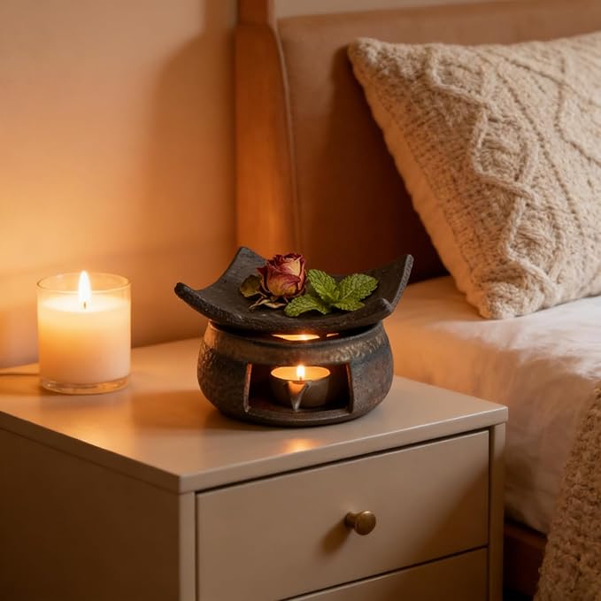 Ceramic Herb Burner Kit,Handmade Aromatherapy Stove for Essential Oils & Incense, Tealight Candle Holder Warmer for Home Office Meditation Relaxation (4)