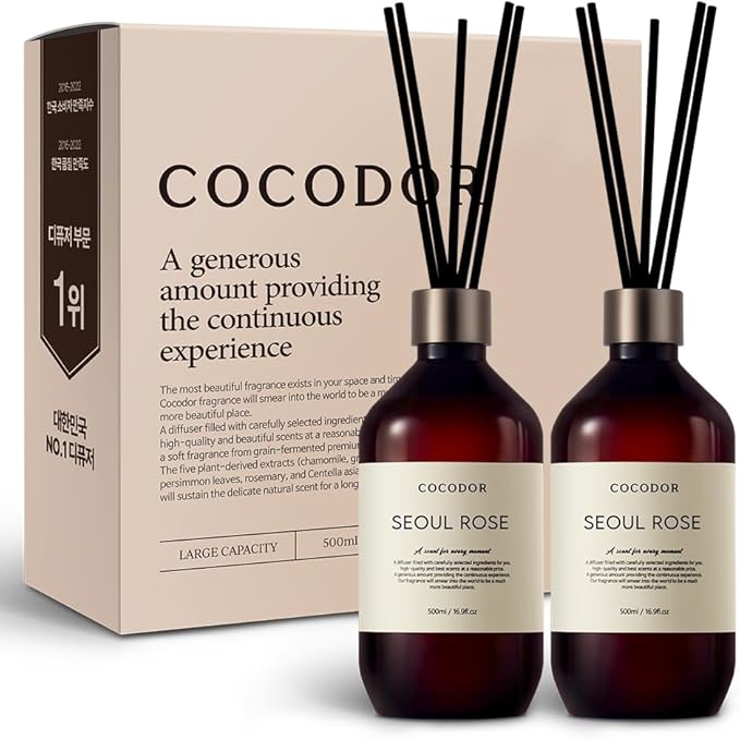 COCODOR Premium Reed Diffuser/Seoul Rose /16.9oz /2 Pack/Large Capacity Fragrance Scent Oil Stick Diffuser Set for Bedroom Bathroom Home Décor