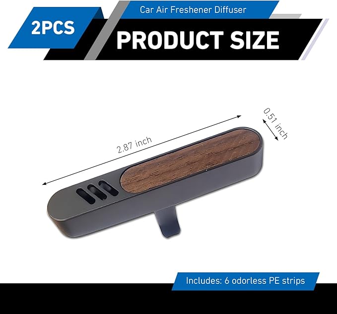 2PCS Car Air Freshener Diffuser, Natural Walnut Vent Diffuser with 6 Refill Unscent Fiber Sticks, Wood Metal-plated Premium Car Odor-absorbing Accessories, for Most Vehicles
