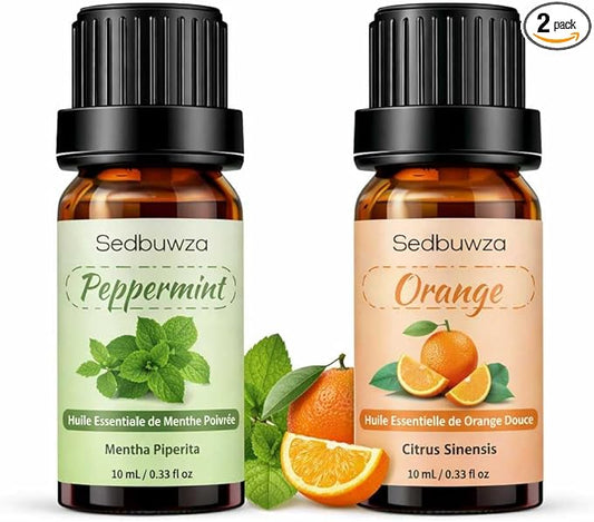 Sedbuwza Peppermint Orange Essential Oil Set, Peppermint Fragrance Oil Orange Scent Oil Set for Diffuser, Aromatherapy, Massage, Soap, Candle Making 2 x 10 ml
