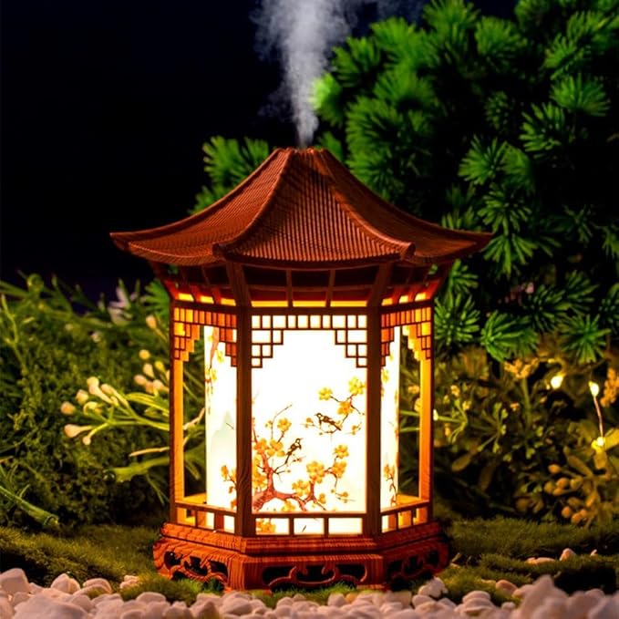 Zen Pavilion Lantern Aroma Diffuser & Night Light - 2-in-1 160ml Essential Oil Diffuser with 2 Mist Modes - Japanese Style Zen Garden Humidifier for Yoga, Meditation, Spa & Sleep (Dark Wood Color)