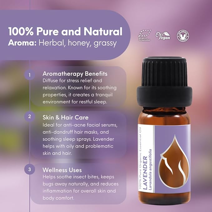 Essences Bulgaria Organic Lavender Essential Oil 1/3 Fl Oz | 10ml | Lavandula angustifolia | 100% Pure and Natural | Undiluted | Therapeutic Grade | Family Owned Farm | Steam-Distilled | Non-GMO