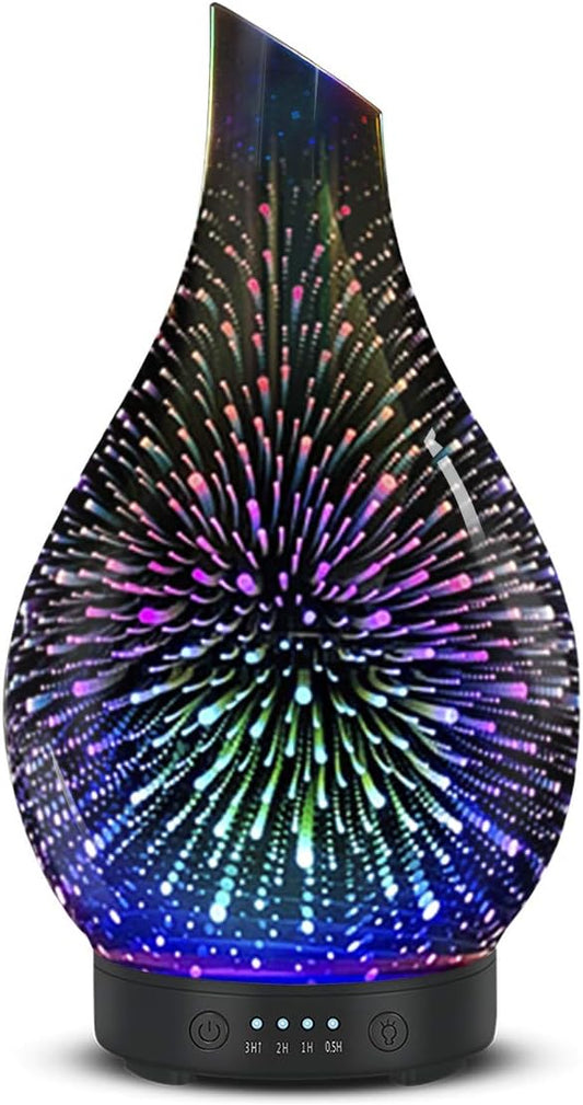 Essential Oil Diffuser Aromatherapy Diffuser - Art Glass Oil Diffuser with Auto Shut-Off Protection 4 Timer Setting 7 Colors Changed LED Night Light for Home Office Decor Gift (3D Fireworks)