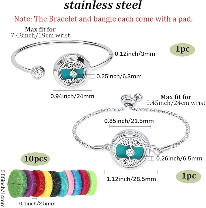 SUNNYCLUE 1 Box 2 Sets Essential Oil Bracelets Tree of Life Bangle Bracelet with 10Pcs Refill Pads Aromatherapy Diffuser Stainless Steel Adjustable Chain Band Pendant Jewelry for Women Gifts Birthday