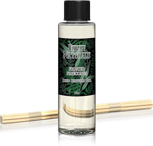 Urban Naturals Frosted Pinecones Holiday Oil Reed Diffuser Refill with Free Set of Reed Sticks – Pine, Cinnamon, Clove, Cedar Wood, Sandalwood and Vanilla Bean – Vegan, 4 oz, Made in the USA