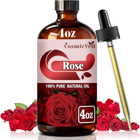 Rose Essential Oil Rose Oil for Aroma Diffuser,Humidifier,Home Fragrance,Cleaning,Body Care,Massage,Yoga,DIY Candle,DIY Soap CosmicVeil（Rose，4 Fl Oz (Pack of 1)）