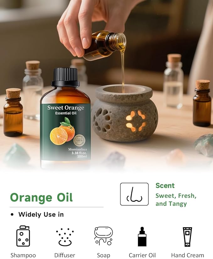 Orange Essential Oil, Pure Sweet Orange Oil Mumianhua Cold-Pressed Aromatherapy Oil for Uplifting Diffuser & Natural Cleaning, Skin-Safe for DIY Perfume, Soap & Candle Making, 3.38 Fl Oz