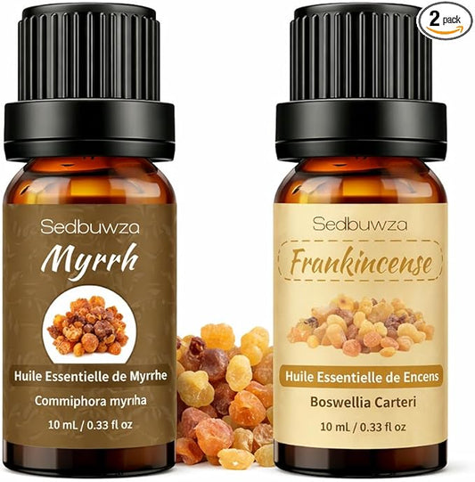 Sedbuwza Myrrh Frankincense Essential Oil Set, Myrrh Fragrance Oil Frankincense Scent Oil Set for Diffuser, Aromatherapy, Massage, Soap, Candle Making 2 x 10 ml
