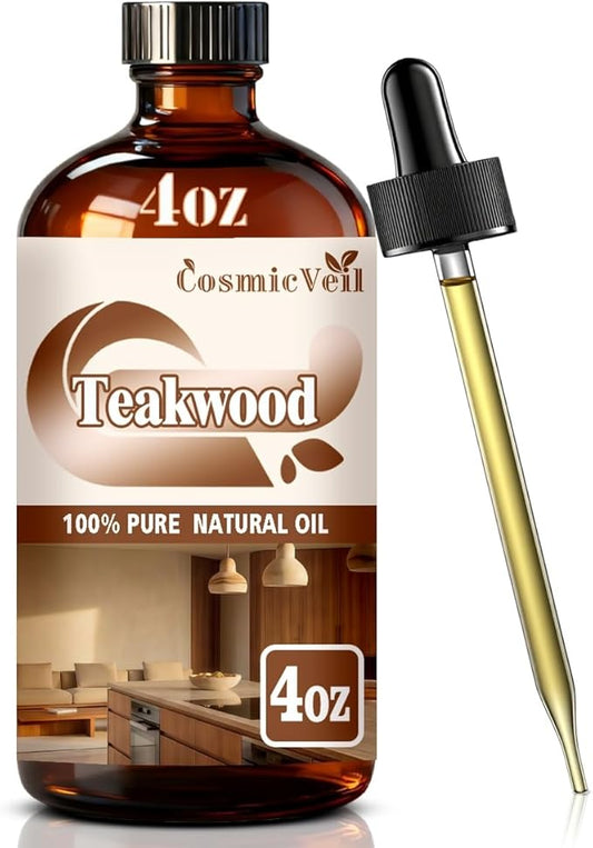 Teakwood Essential Oil Teakwood Oil for Aroma Diffuser,Humidifier,Home Fragrance,Cleaning,Body Care,Massage,Yoga,DIY Candle,DIY Soap CosmicVeil（Teakwood，4 Fl Oz (Pack of 1)）